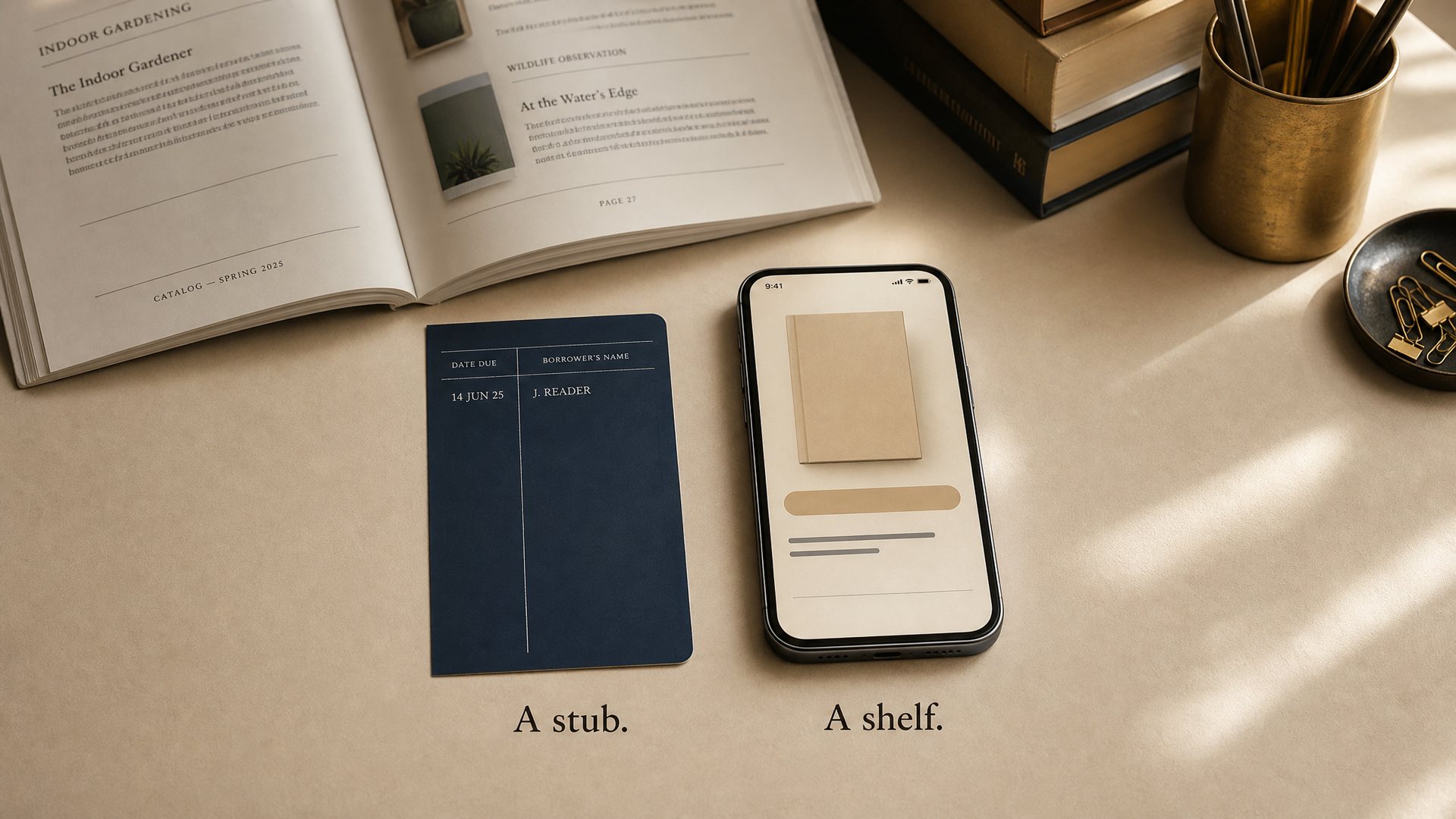 A navy legal stub beside a parchment catalog card on a desk.