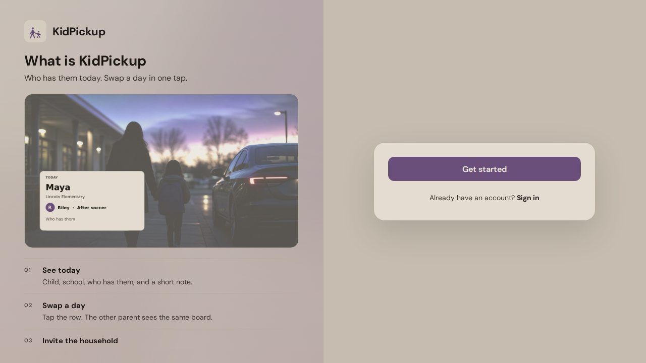 KidPickup — Who is picking up the kids today — one shared calendar, no group-text chaos.